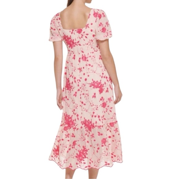 KENSIE Floral Embroidered Puff Sleeve Chiffon Midi Dress In Blush/ Rasberry - Picture 2 of 8